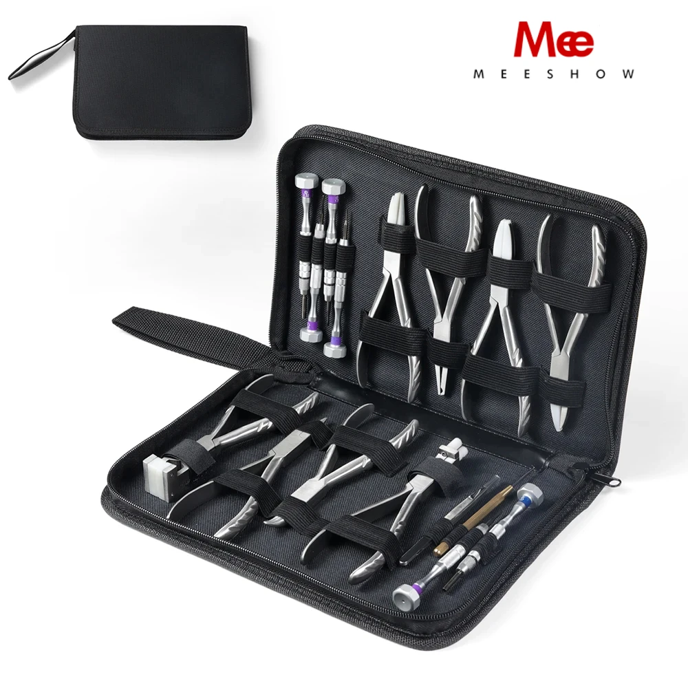 MEESHOW Optical Glasses Repair Plier Screwdriver Tweezer Wire Hook Set Eyeglasses Maintenance Hand Tool Kit Nylon Pocket