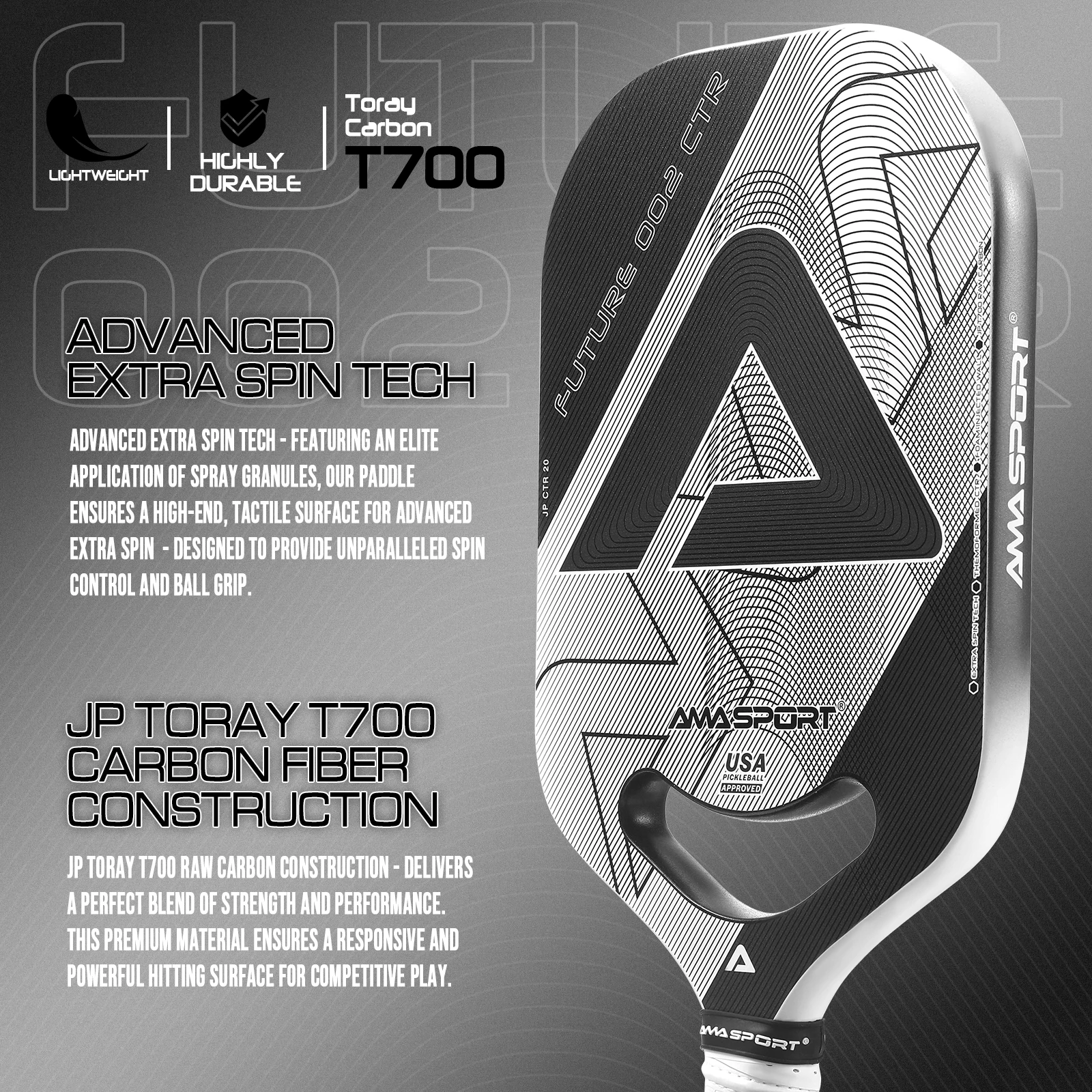 AMASPORT FUTURE 002 Toray T700 Rakieta do pikle z włókna węglowego 13 mm Wielowarstwowy rdzeń z dodatkową technologią Spin Air Dynamic Thermoforme