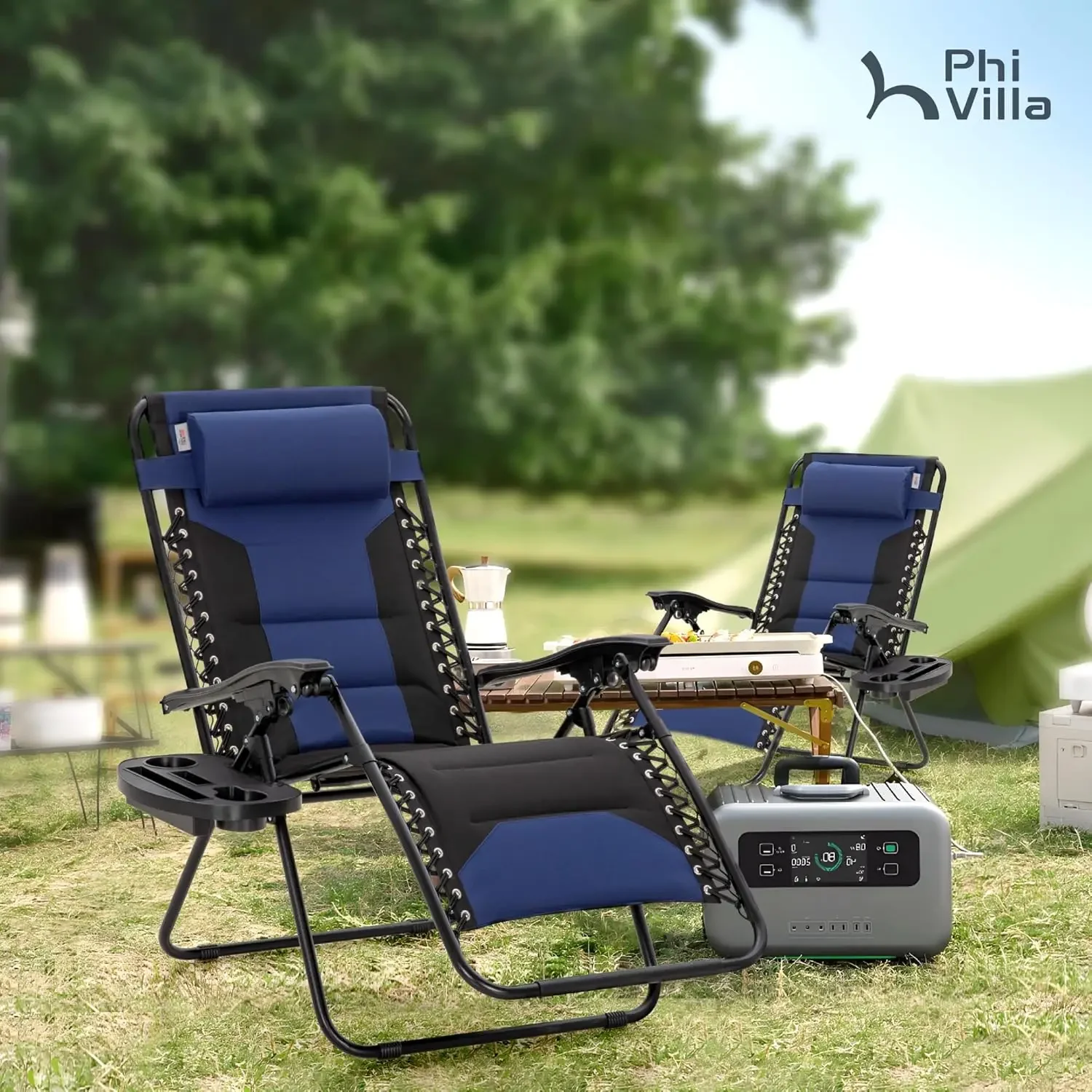 Foldable Recliner Set of 2, Padded Oversized Lounger with Armrest and Cup Holder, Supports 400 LBS, Blue Black