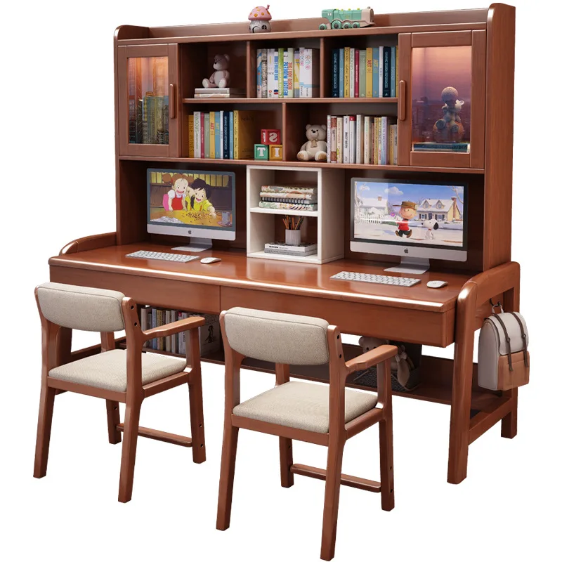 

Solid wood double desk bookshelf integrated computer desk home living room