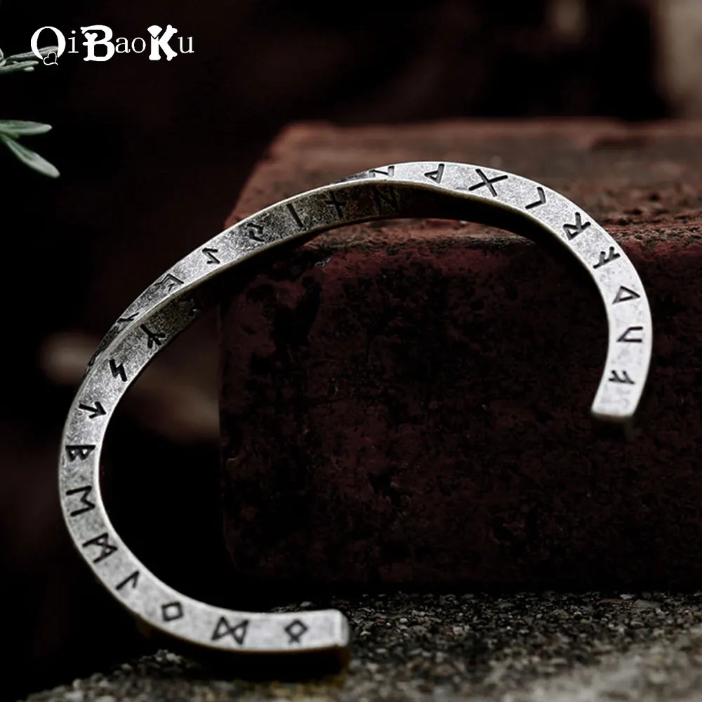 

QIBAOKU New Fashion Stainless Steel Bracelet for Men Creative Twisted Four Sided Viking Text Bracelet Adjustable Gifts Wholesale