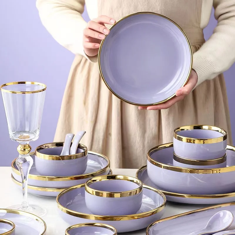 Bright Purple Porcelain Dinner Tray Kitchen Plates With Gilt Rim Ceramic Tableware Food Dishes Rice Salad Noodles Bowl