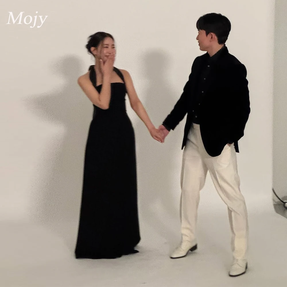 

Mojy Halter Black Evening Dresses Wedding Dresses Elegant Floor-length A-line Simple Bridal Dress Customized