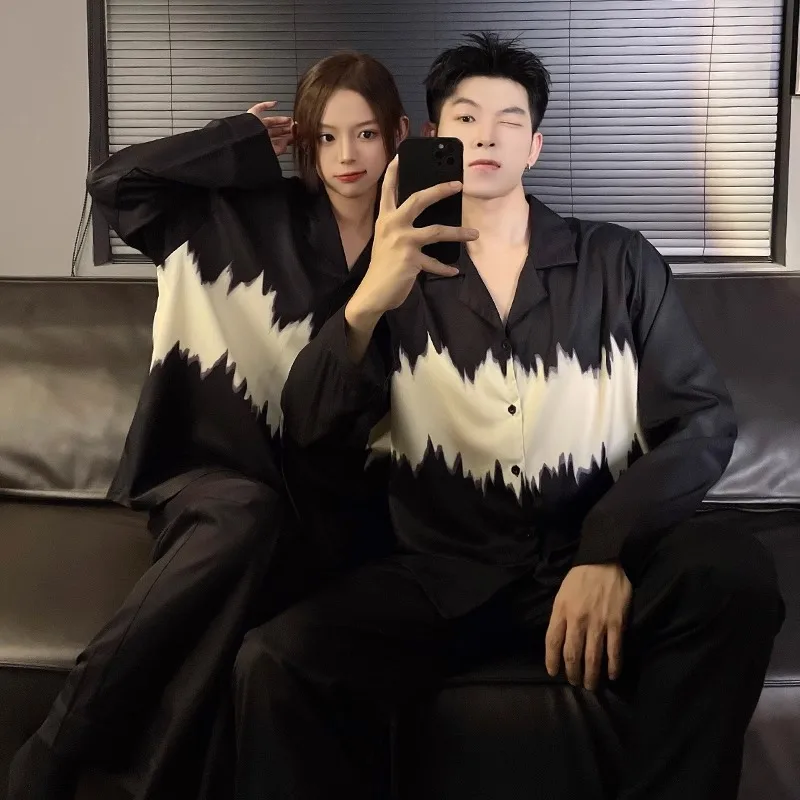 DAIMELU Couple's sleepwear, women's summer thin ice silk new long sleeved high-end men's spring and autumn home suit set