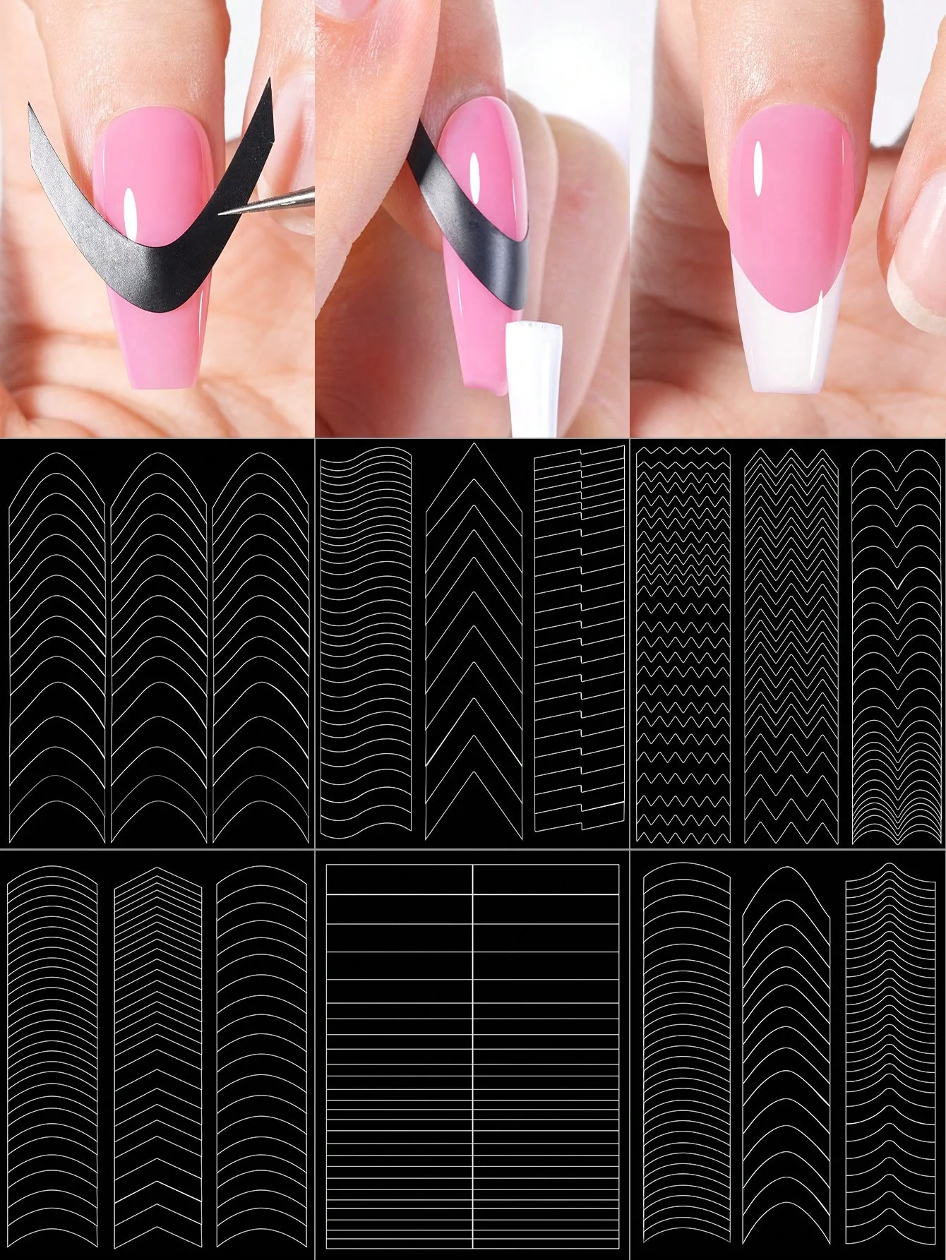 6 adesivi per unghie francesi: guida autoadesiva per la punta delle dita a forma di V, facile decorazione per unghie domestiche fai da te, effetto brillante, monouso