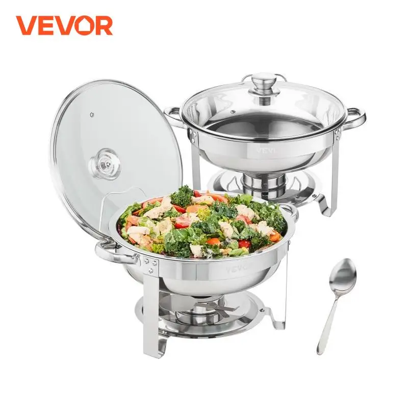 VEVOR 4QT 2-Pack Round Chafing Dish Set Stainless Steel Buffet Chafer with Full Size Pan Glass Lid  Fuel Holder Catering Warmer