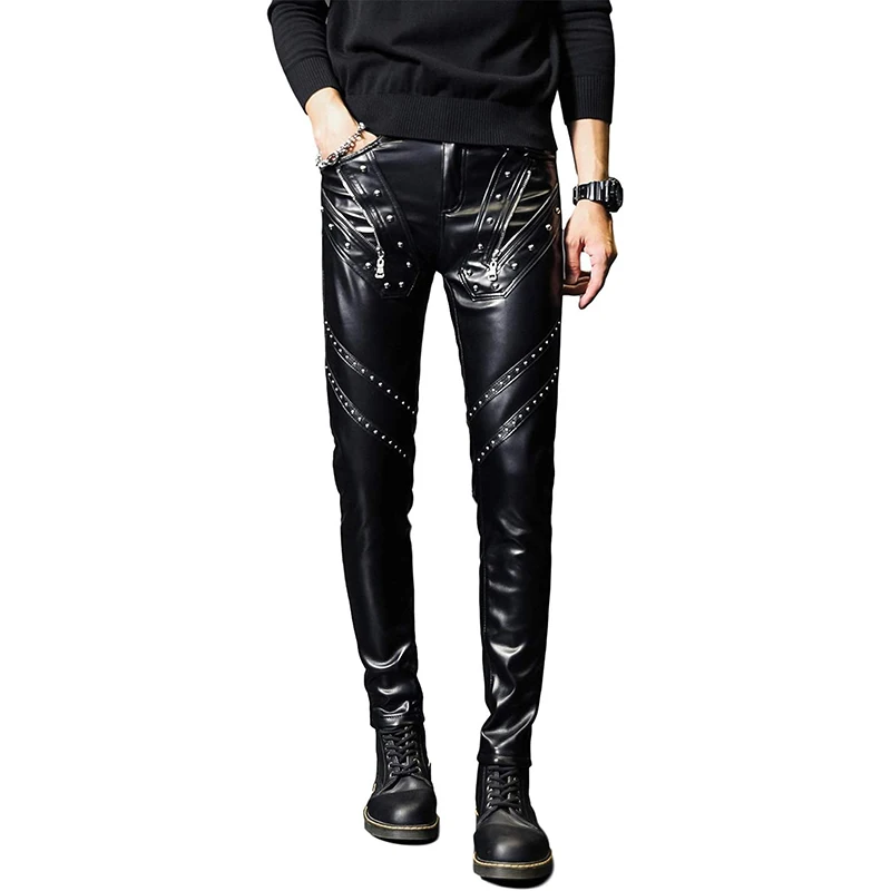 Idopy Men`s Zipper Halloween Steampunk Zippers Pu Motorcycle Party Holiday Stage Performance Punk Faux Leather Pants Jeans