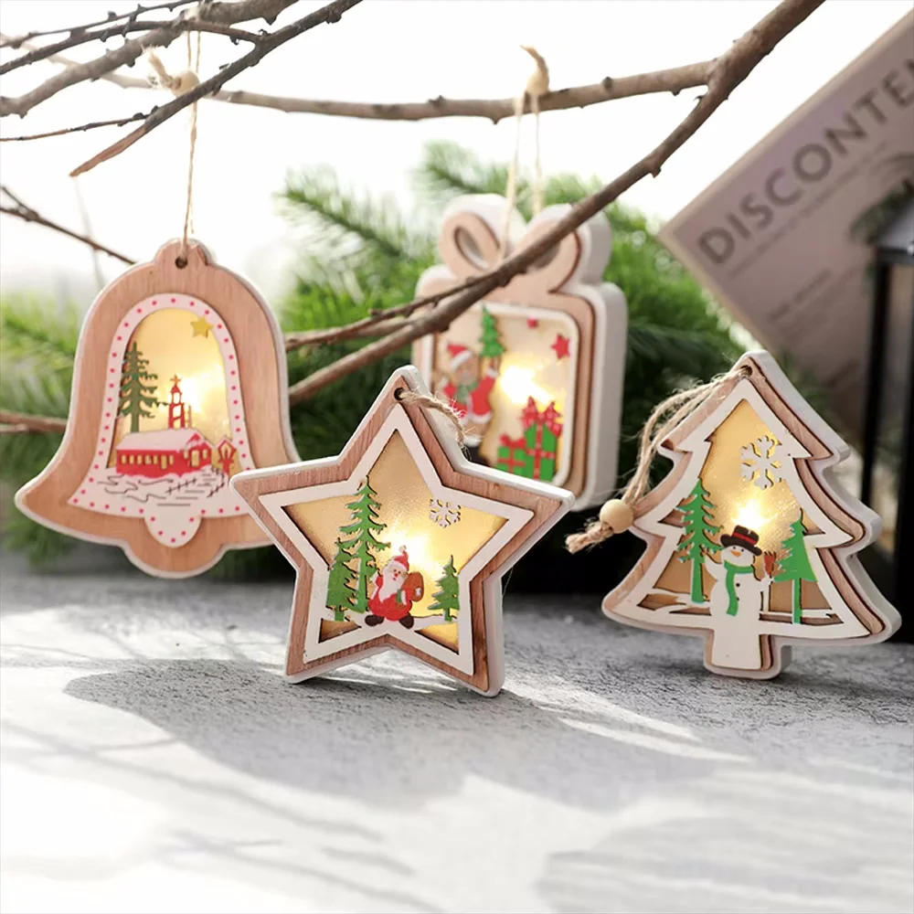 LED Light up Christmas Wooden Ornaments Star Tree Santa Snowman Luminous Christmas Tree Hanging Ornaments Table Top Wood Lamp