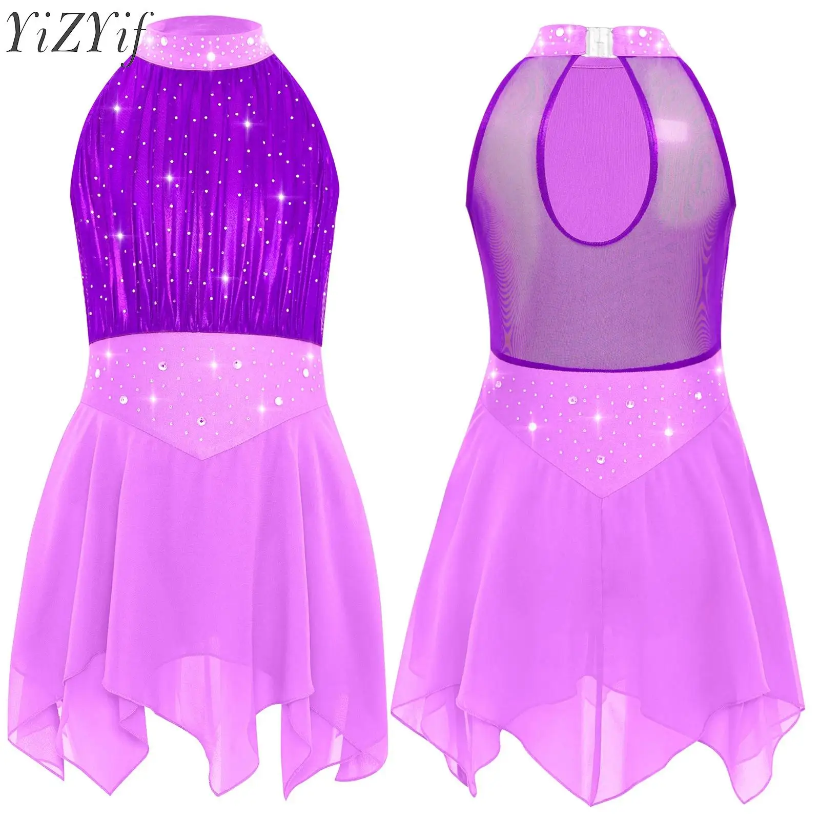 

Kid Girls Ballet Leotard Dress Figure Skating Dancewear Performance Costume Keyhole Back Rhinestones Irregular Chiffon Hem Dress