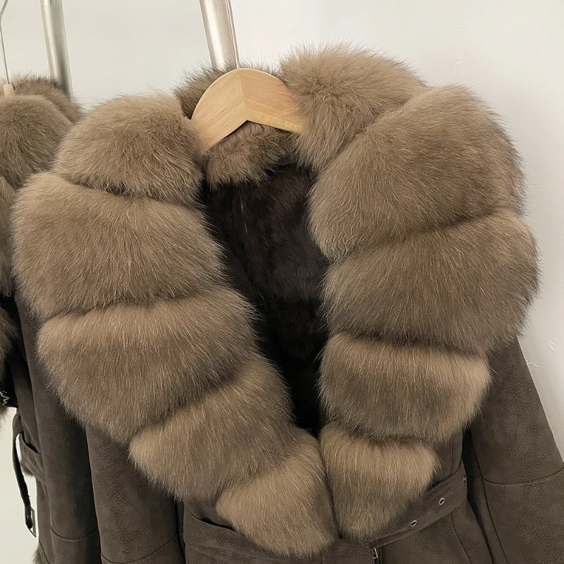 Chaqueta de ante para mujer con cuello de piel de zorro auténtica, cinturón y forro de piel de conejo natural, abrigo de invierno grueso y cálido