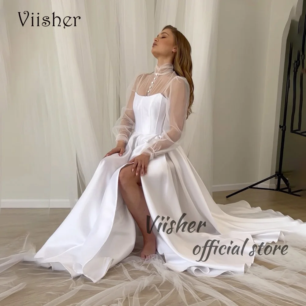 Viisher-Vestidos De Noiva Branco Cetim, Linha A, Side Split, Tule, Manga Comprida, Gola Alta, Vestido Noiva Praia, Israel