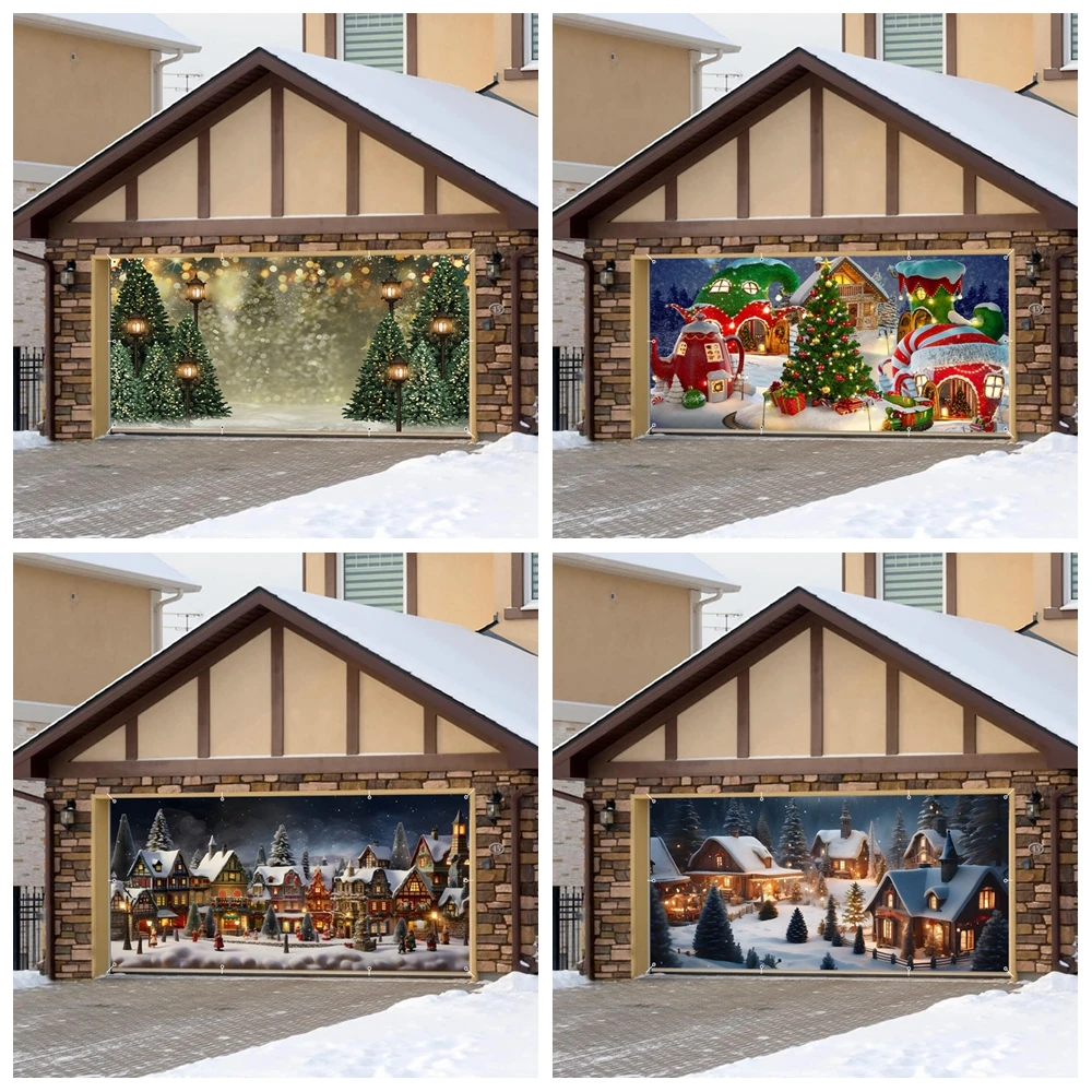 クリスマス村ガレージドアカバー冬メリークリスマスフェスティバルお祝いガレージドアバナークリスマスパーティーの装飾背景