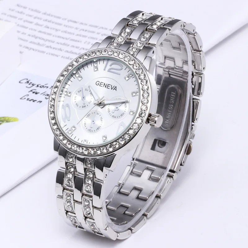 Luxus Weiblichen Uhr Genf Frauen Goldene Stahl Quarzuhr Military Kristall Casual Handgelenk Uhren Strass Relogio Feminino