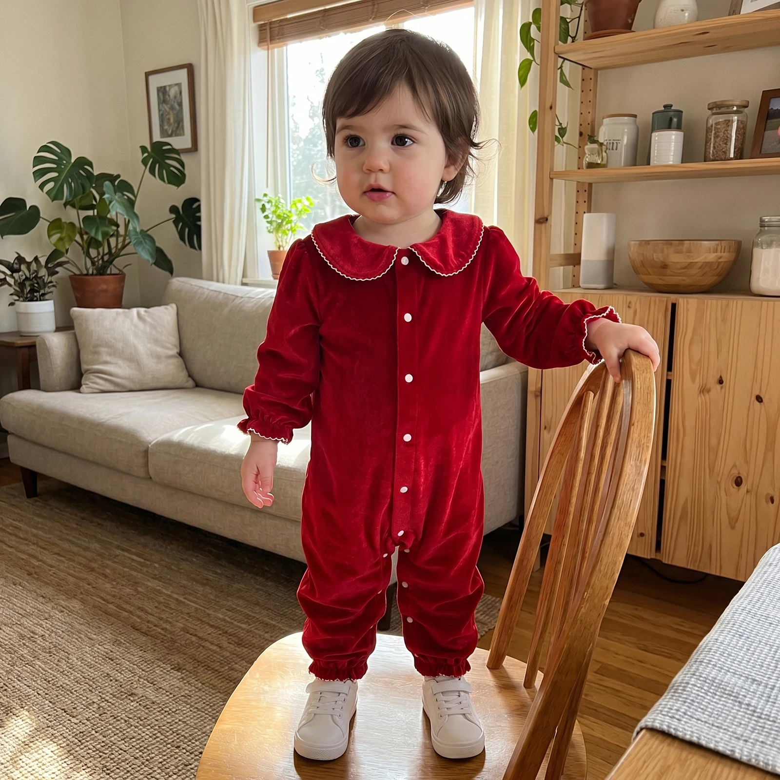 2027 New Years Infant Baby Girl Velvet Romper Xmas Fashion Long Sleeve Doll Collar Solid Color Full Snap Closure Jumpsuit Winter
