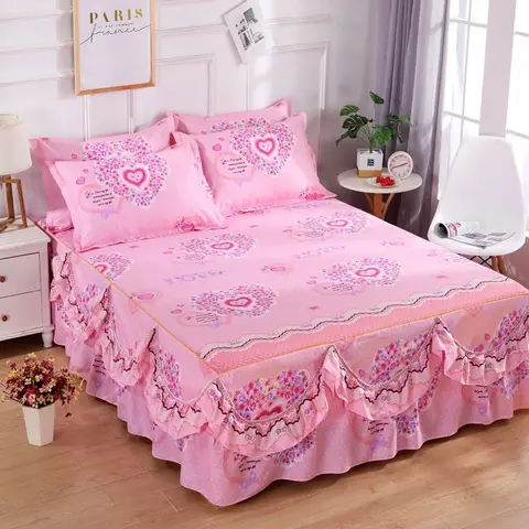 3pcs Bedskirt Set, Flower Printed All Seasons Universal Non-slip Bedding Set (Bed Skirt *1+ Pillowcase*2, Without Core)