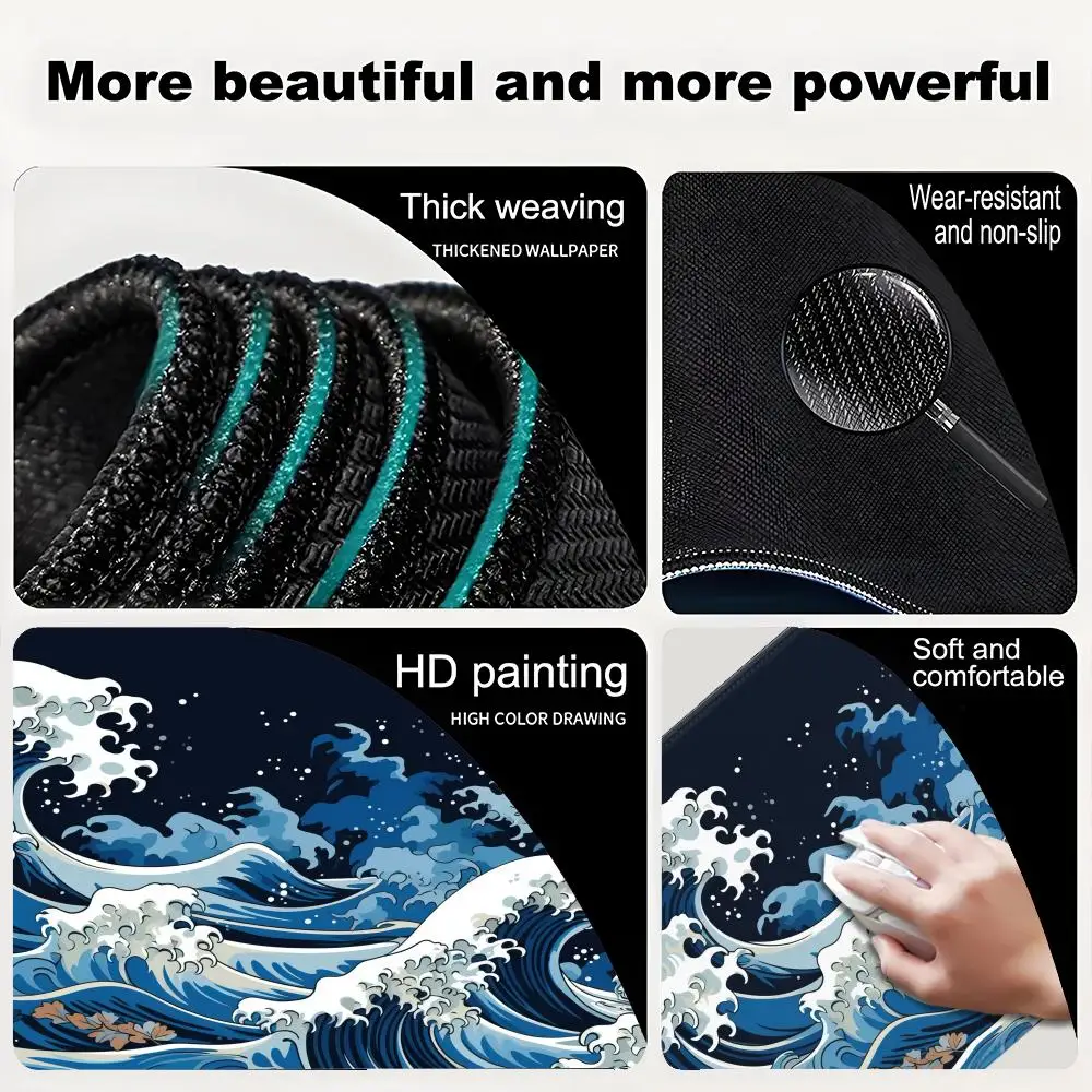 神奈川沖浪裏 ブラック ゲーミングマウスパッド クッション 滑り止めパッド テーブルカーペット ゲームパッド デスクガジェット マウスマット