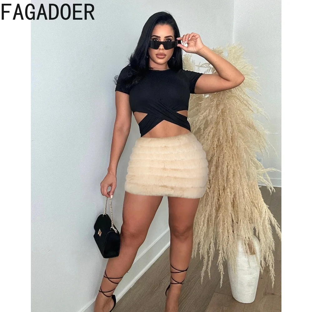 FAGADOER Winter Fur Cotton Filling Mini Skirts Women High Waisted Zipper Slim Bottoms Fashion Female Solid Christmas Clothing