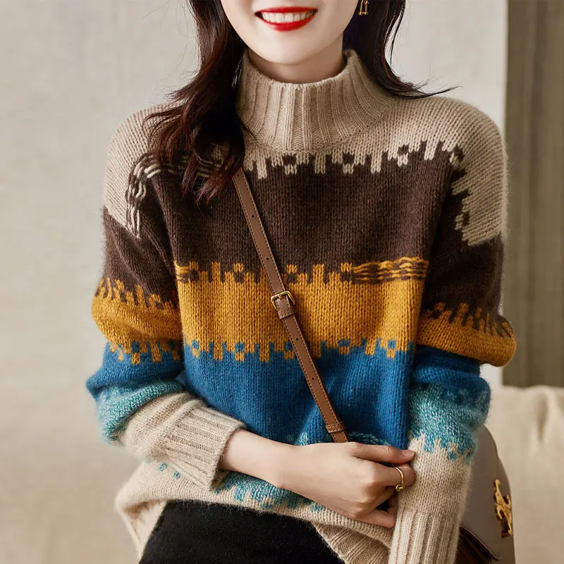 Korean Color Striped Knitted Jumpers Autumn Winter Long Sleeve Female Clothing Casual Half High Collar Commute Loose Sweaters