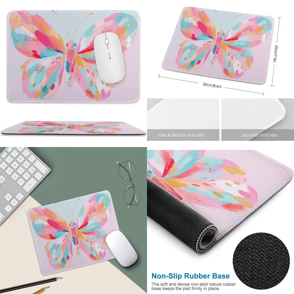 

Elegant Pink and Red Butterfly Design Mouse Pad for Office and Laptop Desks with Anti-Slip Rubber Base