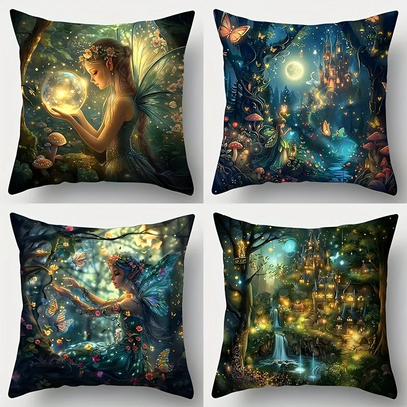 4pcs Set, Sofa Pillow Cover, Elf Forest Fantasy Scene Pillowcase 18x18 Inches Single-sided Printing Home Decoration
