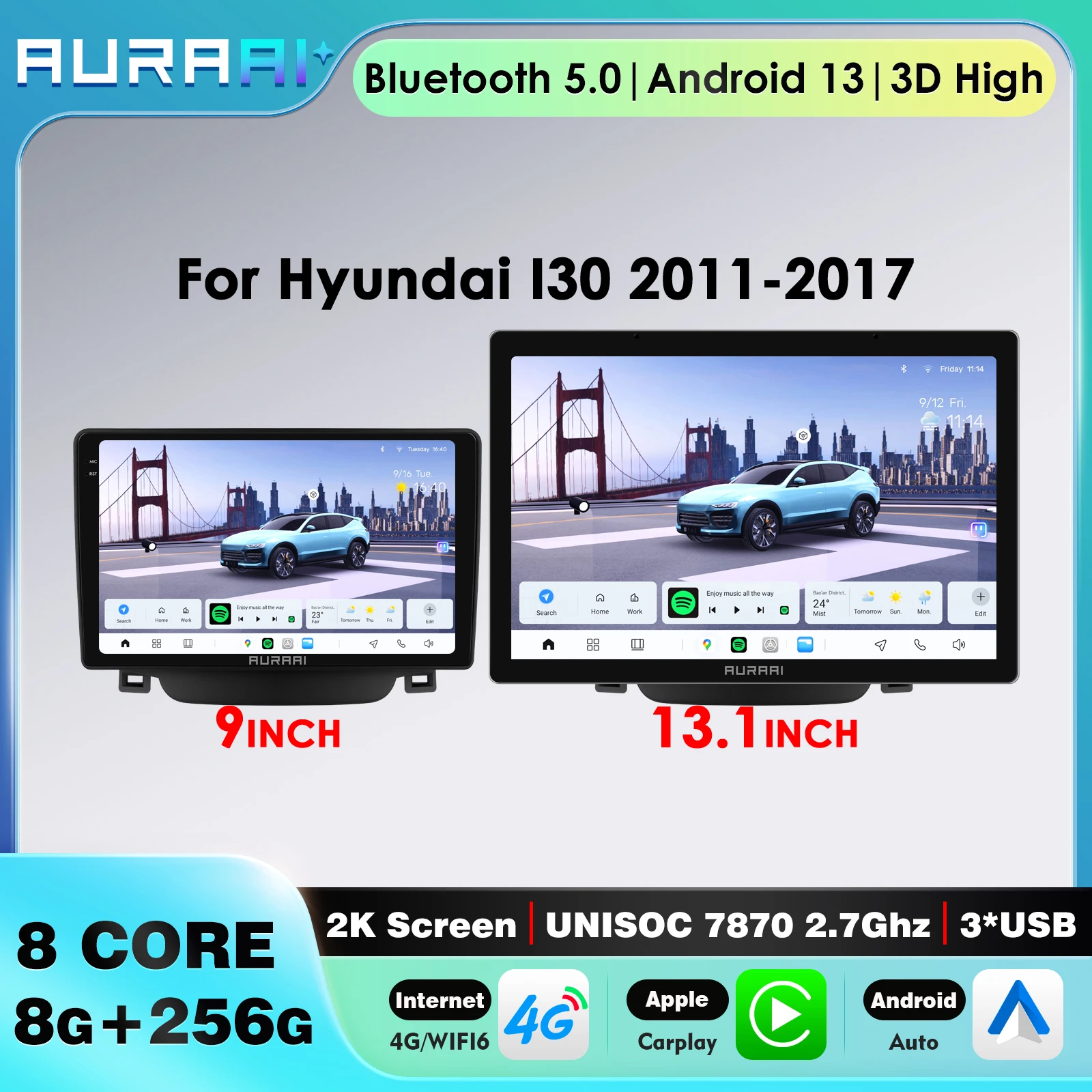 

Автомагнитола AURAAI 8G+256G Android с GPS для Hyundai i30 Elantra GT 2011-2017, CarPlay, Android Auto, 2DIN, интеллектуальный экран, SWC, 360