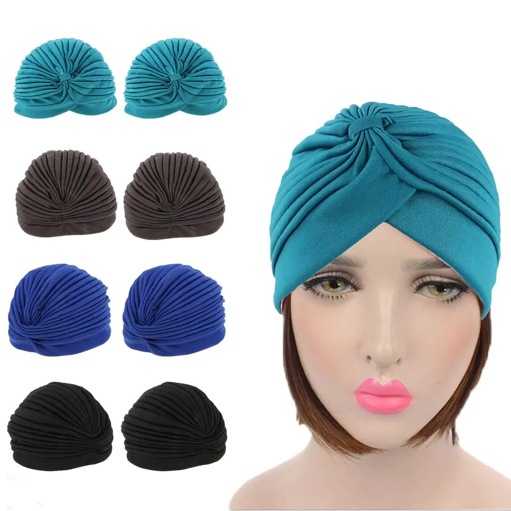 Women Ladies Plain Turban Hat Hijab Cap Pleated Head Wrap Hair Loss Chemo Hat Muslim Islamic Indian Headscarf