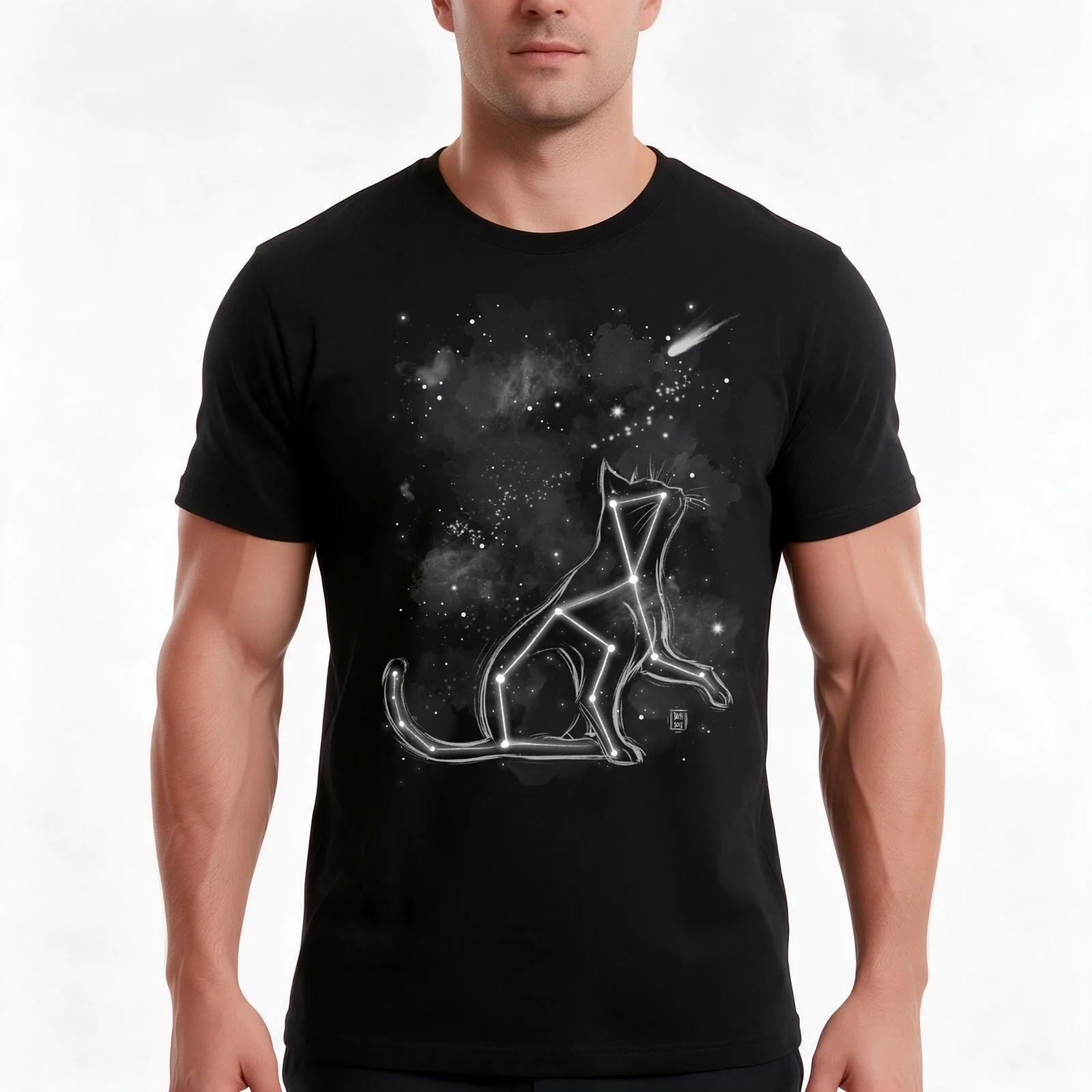Starry cat T-Shirt, Summer Casual Cotton Tee, Oversized Streetwear Tops, Vintage Graphic Print, Loose Fit Short Sleeve
