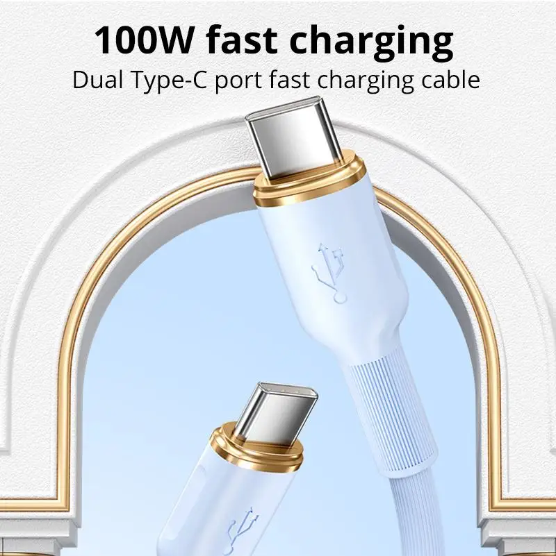 Tipo-C para Tipo-C Cabo de carregamento rápido, 6A Super Charge, Silicone USB-C Cabo de dados para telefones inteligentes Android, 1m, 2m, 100W