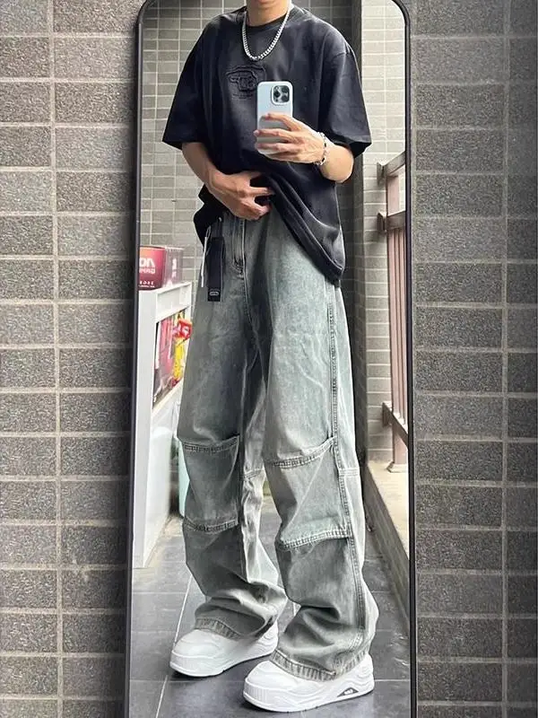 

American Retro Washed Workwear Jeans Men's Wide Leg Pants Casual Straight Cut Trousers Trendy Brand Cool Street Style Floor-L...