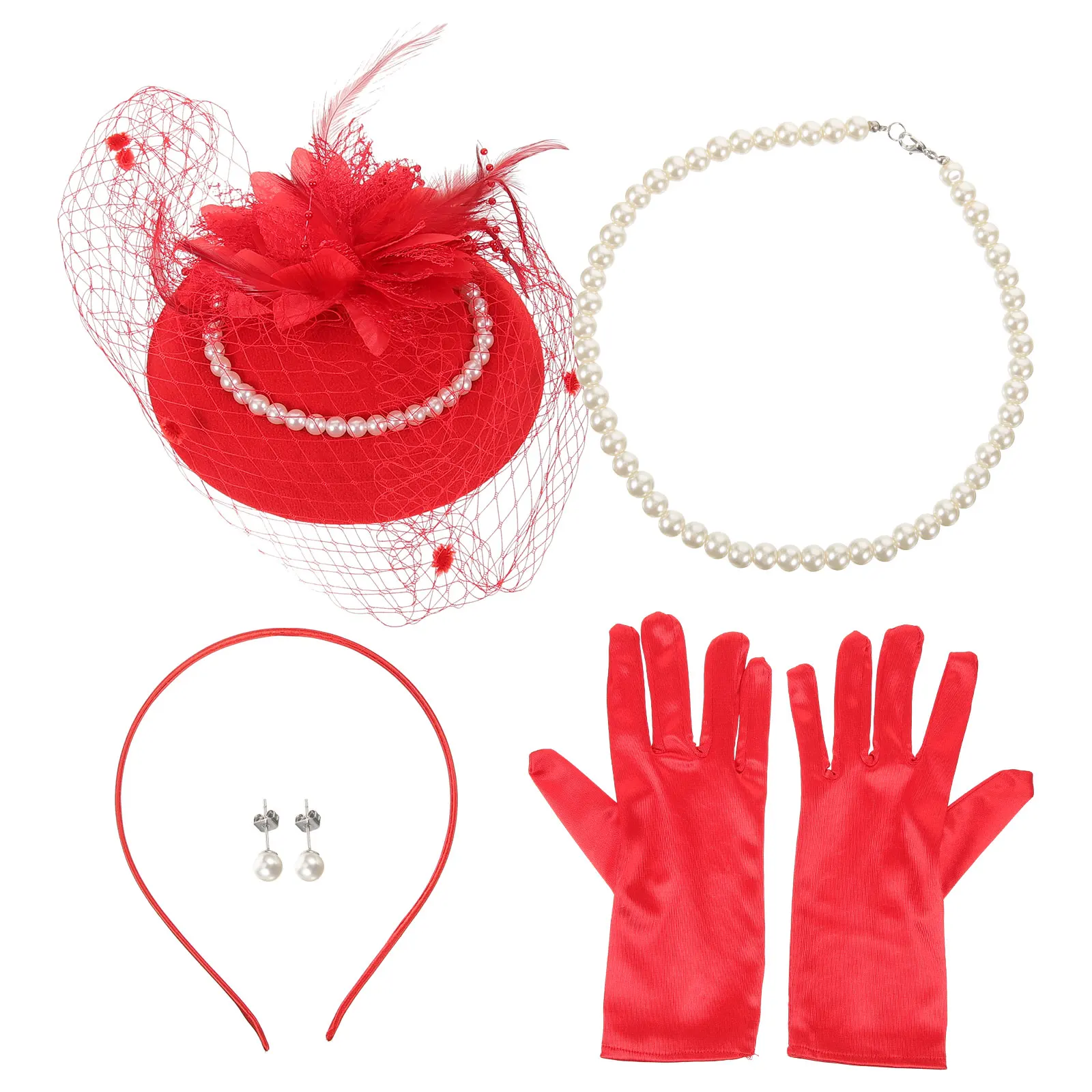 

Жемчужный топ, винтажный головной убор для чаепития, жемчужное ожерелье, серьги, красные свадебные перчатки, чаепитие, аксессуары для волос