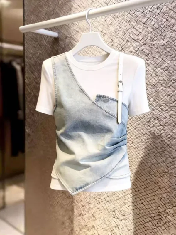 

White Denim Patchwork Short Sleeve T-Shirt Fashionable Personality Top Spring Summer New Design Knot High Waist Pants