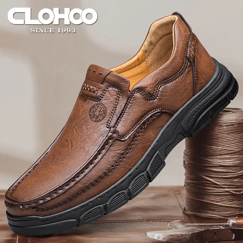 CLOHOO handmade shoes rubber sole thick bottom breathable casual leather shoes men's Loafers classic hand-stitched men's shoes