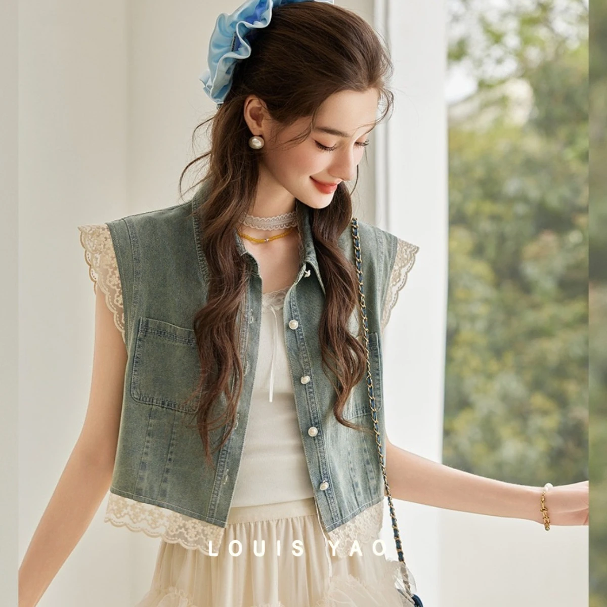 Cowboy Lace denim Vest 2025 Summer Fashionable Jackets Non Elastic Collar Hollow Splicing Women's Clip Female Clothing