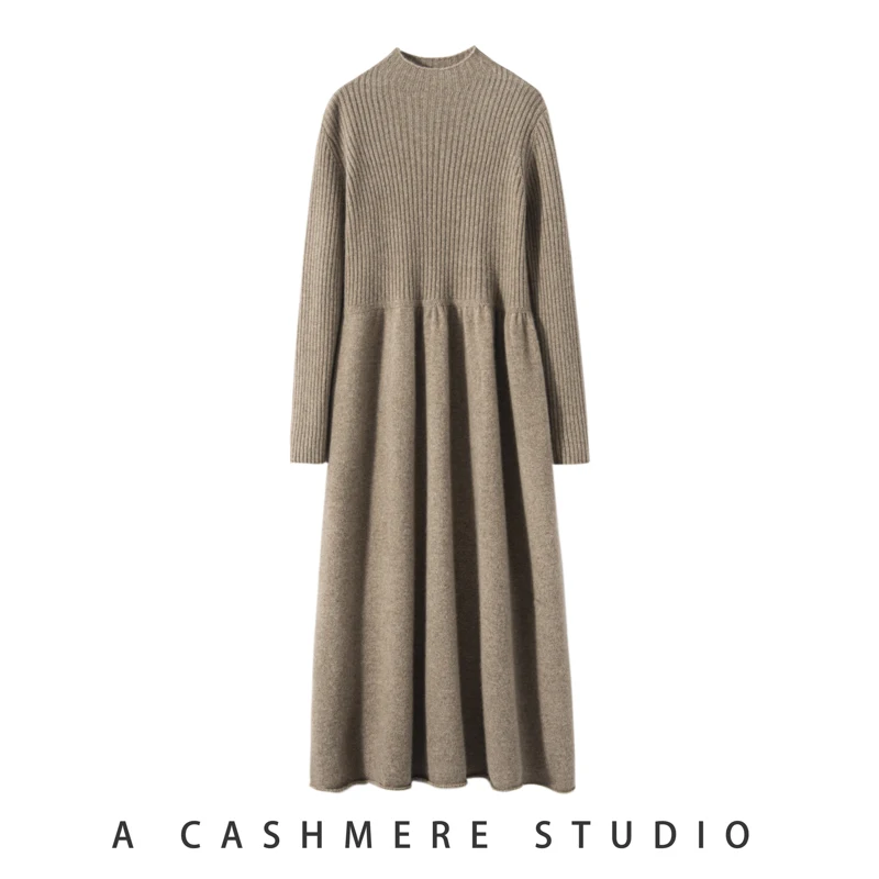 

Autumn and Winter 100% Goat Cashmere Women's Mock Neck Dress Fashion Temperament Pullover Knitted Long Dress Women's Clothes