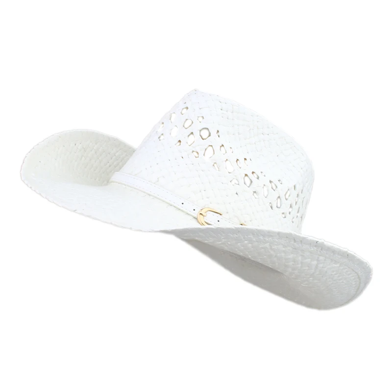 Vintage Retro Simple White  Leather Band Hollowed Out Women Men Straw Wide Brim Beach Cowboy Cowgirl Western Sun Hat