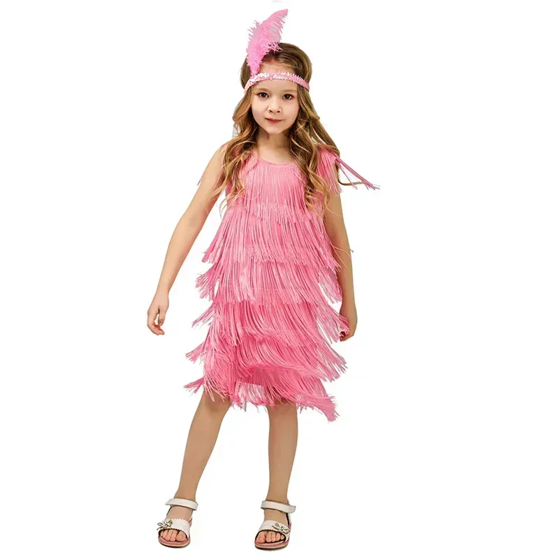 

Платье-хлопушка 1920-х годов для девочек, детские костюмы для латинских танцев, однотонное платье без рукавов с круглым вырезом и кисточками, комплект головных уборов, костюм для Хэллоуина