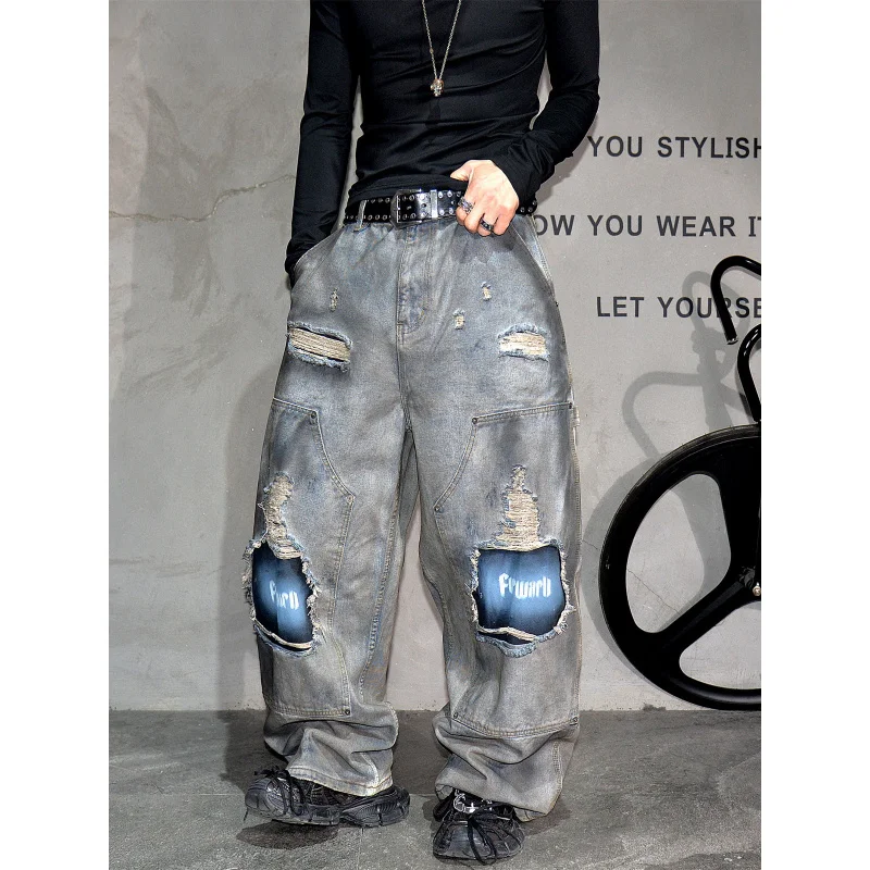 Men's Vintage Distressed Washed Ripped Wide Straight Jeans Streetwear Fashion Baggy Floor-Length Pants