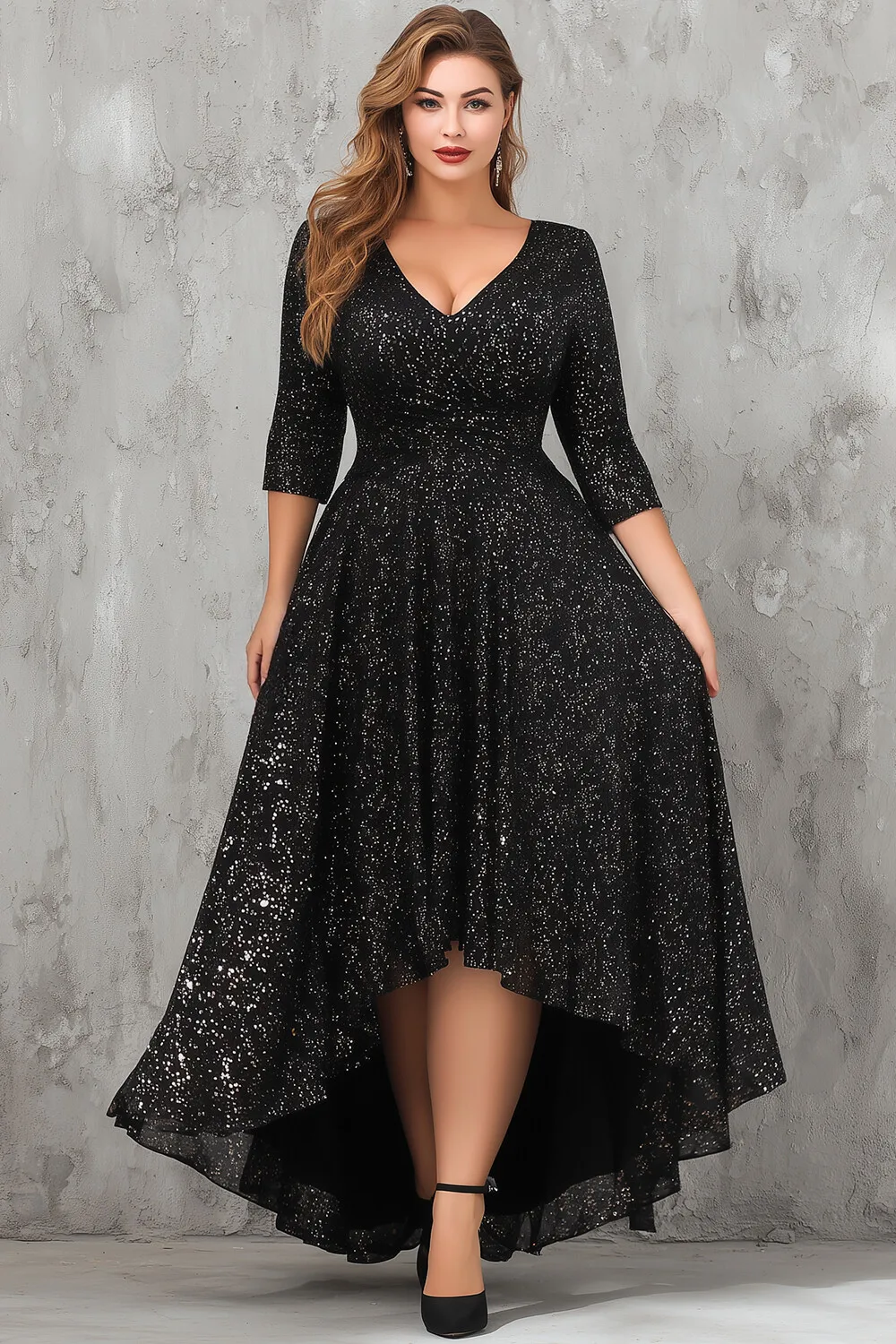 Flycurvy Plus Size Christmas Black Glitter Sparkly 3/4 Sleeve High Low Hem Maxi Dress