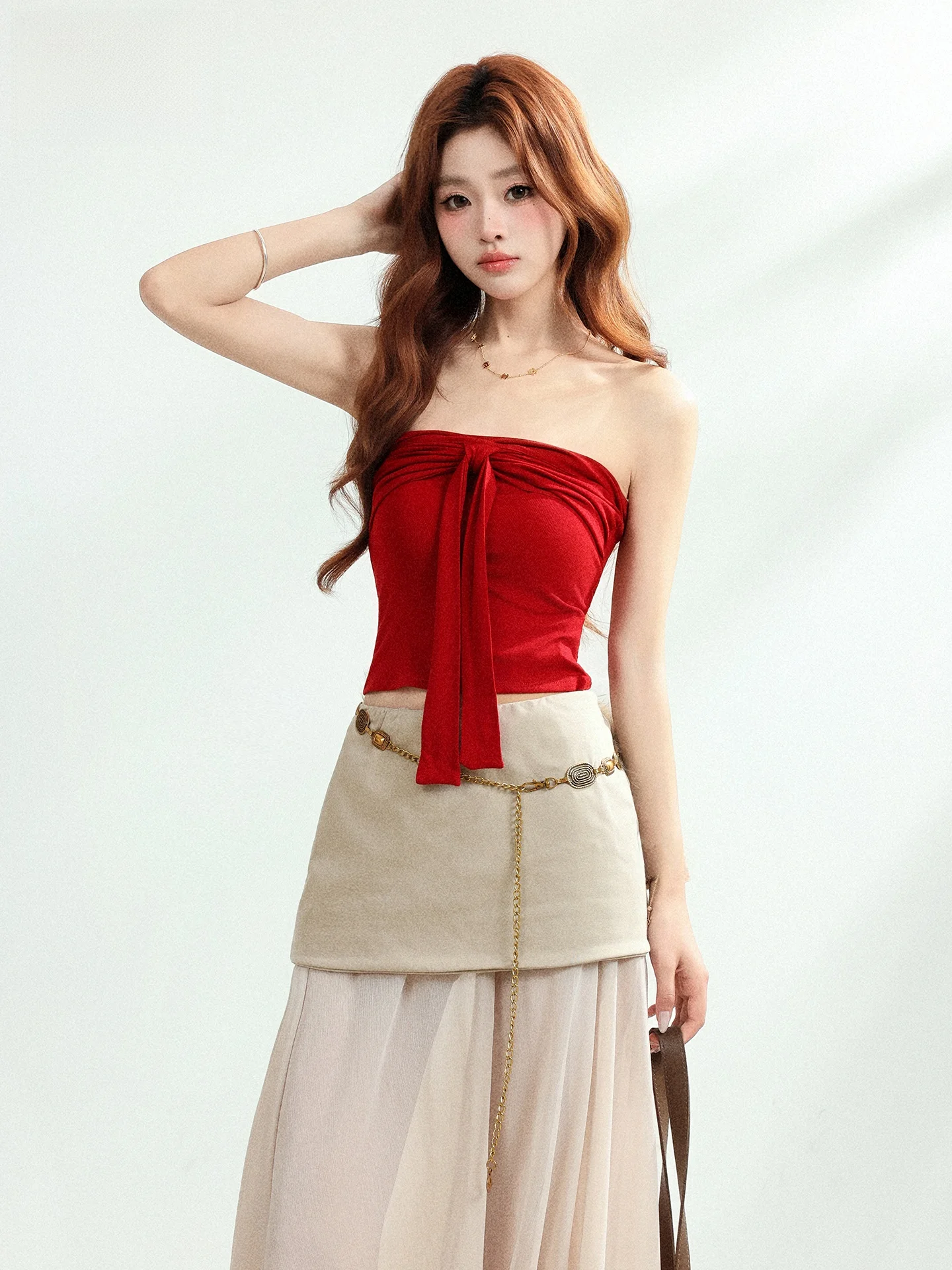 Pure Desire Sexy Girl  Knot Strapless Crop Top Women's Summer Sexy Outdoor Wear Wrap Chest Shirt Short Length Knitted
