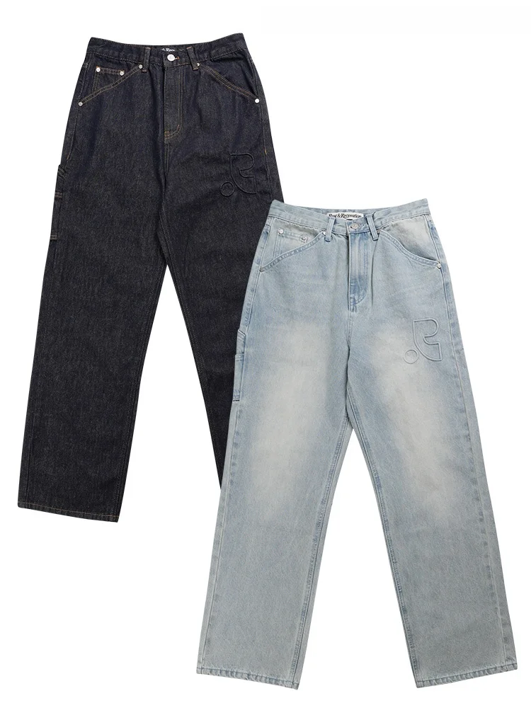 

High Waist Straight Leg Jeans Men Women Casual Washed RR Letter Embroidery Loose Fit All Seasons Deep And Light Colors