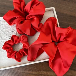 Retro Satin Red Color Hair Scrunchies Headband Women Temperament Hair Rope Tie Ponytail Rubber Band Lady Fashion Hair Accessorie