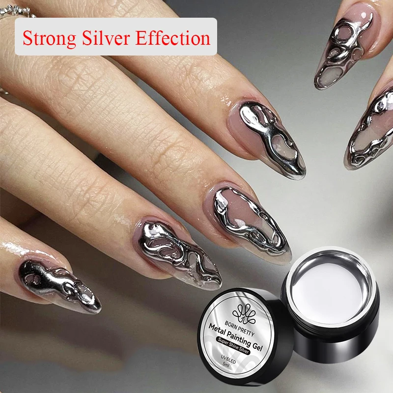 BORN PRETTY 5ml Metallic Painting Gel Polish Strong Silver Effection Nail Art Soak Off Gel Nail Polish Silver Mirror Gel