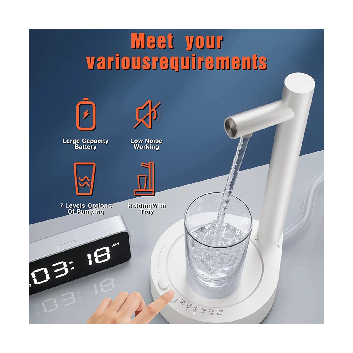 A09G-電動ウォーターガロンポンプ自動ウォーターボトルポンプディスペンサーデスクトップ充電式ウォーターポンプディスペンサースタンド付きA