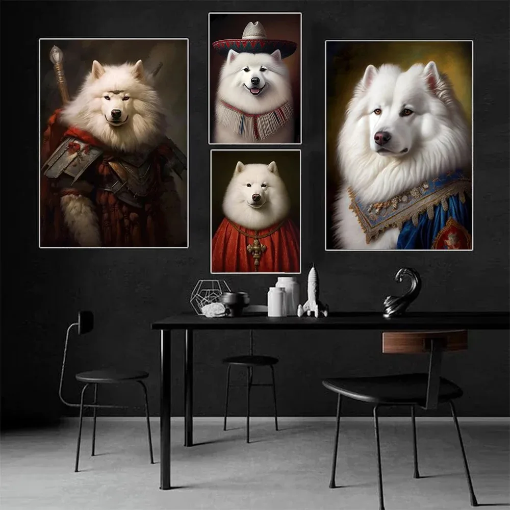 Dogs Renaissance Portrait Canvas Painting Samoyed Dog Poster and Print Picture For Living Room Modern Home Decor No Frame