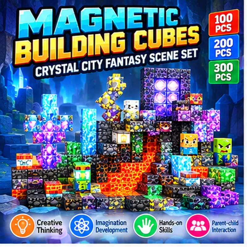 Magnetic Building Blocks Crystal City Fantasy Scene Set, Cubic Magnet Stacking Bricks, DIY Sparkling Landscape Construction Toy
