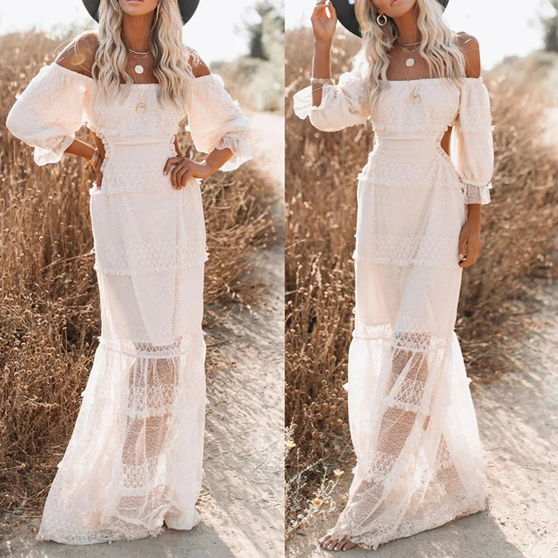 Kobieta Boho Slim Wedding Party Dress Beach Vestidos De Fiesta Lace Dress Women Elegant White Backless Sexy Evening Maxi Dresses