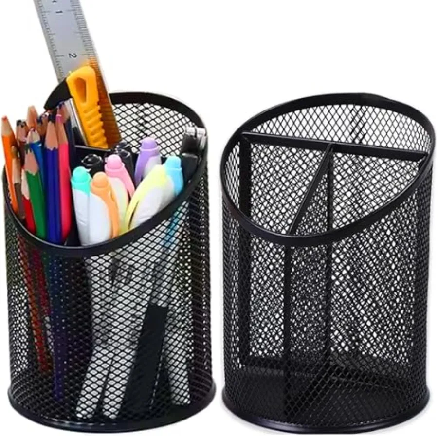 2 Pack Mesh Pencil Holder Pen Cup for Desk Round Black Pen Holder Desktop Pen Organizer 3 Compartments Pencil Organizer Desk Or