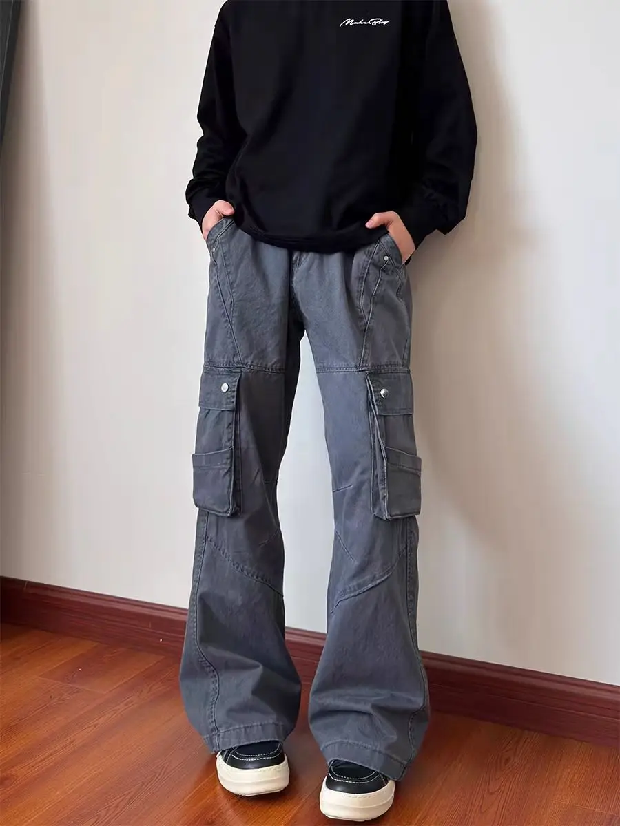 

American Retro Men's Work Pants with Many kets Loose Straight Leg Structure Function Sle Long Pants Casual Leisure