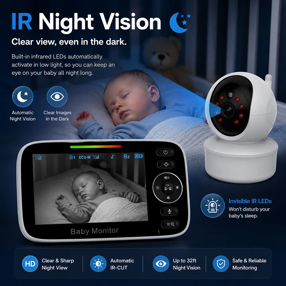 4.3Inch Video Baby Monitor with 2 Cameras Pan Tilt Zoom,3000mAh Battery Babyphone 2-way Talk Night Vision Video Nanny Babysitter