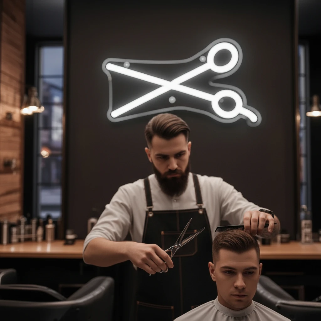 Scissors LED Neon Sign - Vibrant Light USB PoweredPlastic Easy Wall Mount - Decor for Barbershop/Salon/Home, Barber Accessories